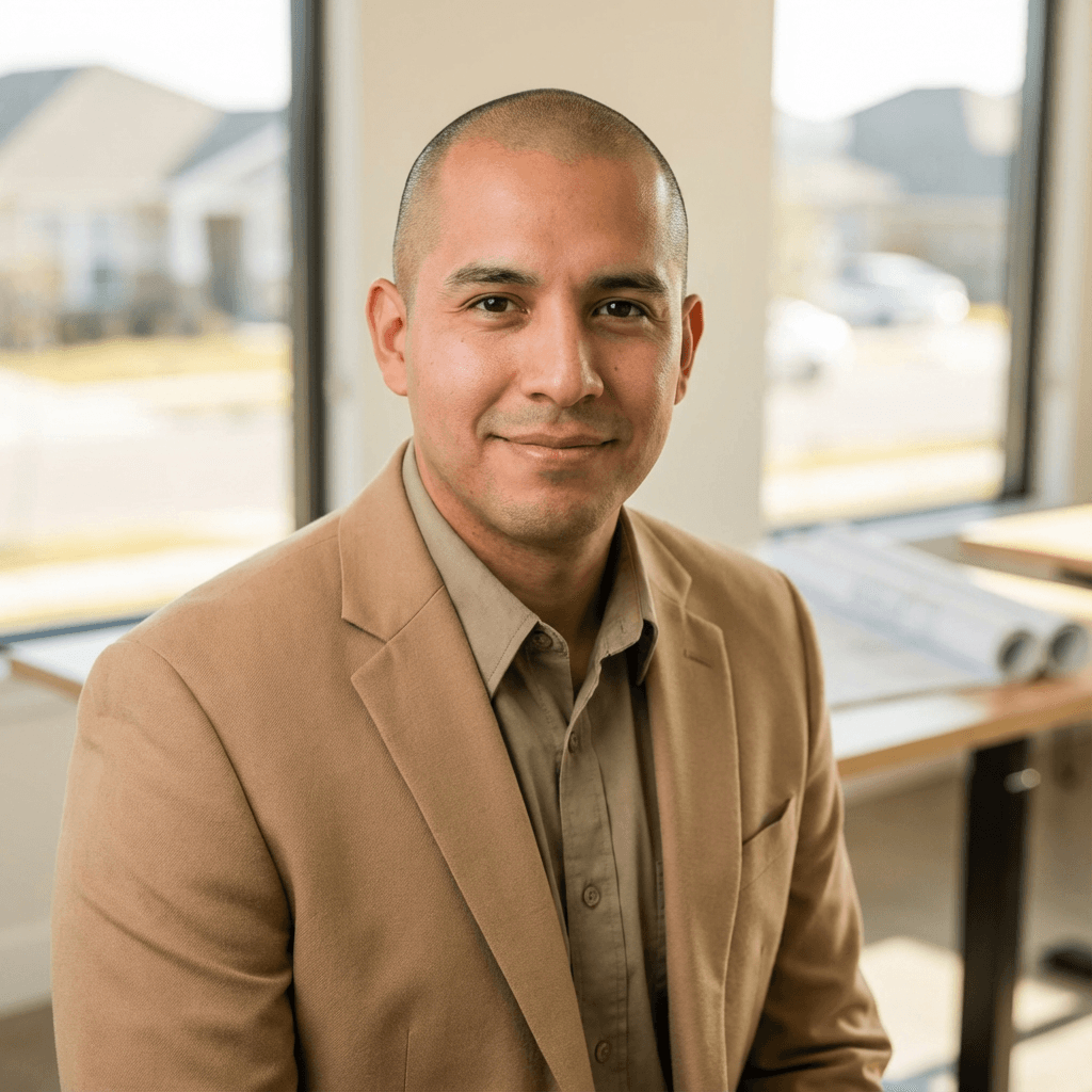 Mark Torres in a collared shirt by a building entrance