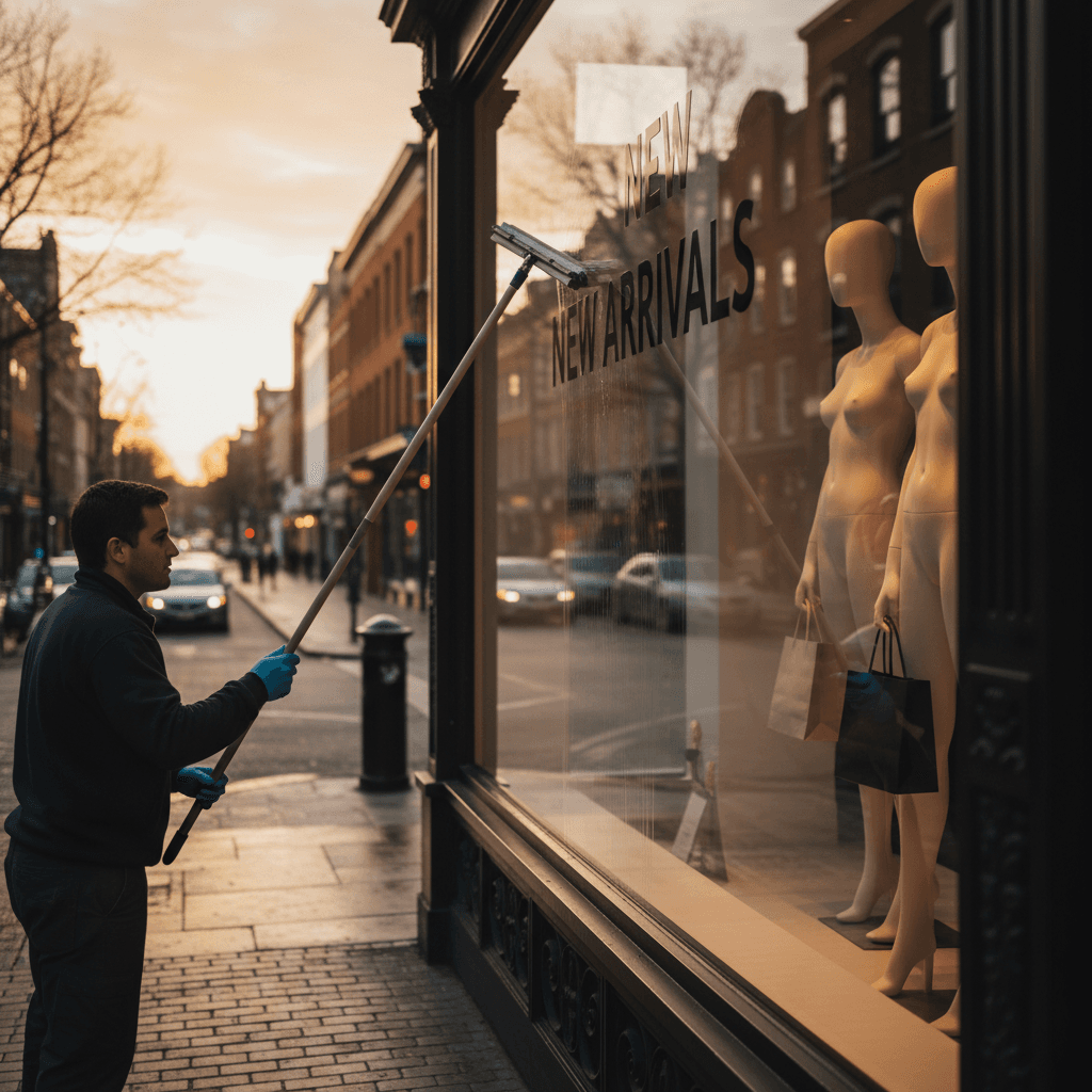 Person polishing a storefront window