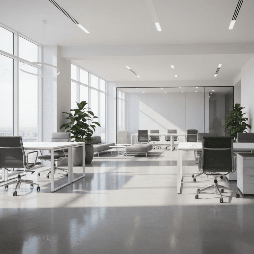 Sunlit commercial office with polished floors, showcasing high-quality cleaning results.