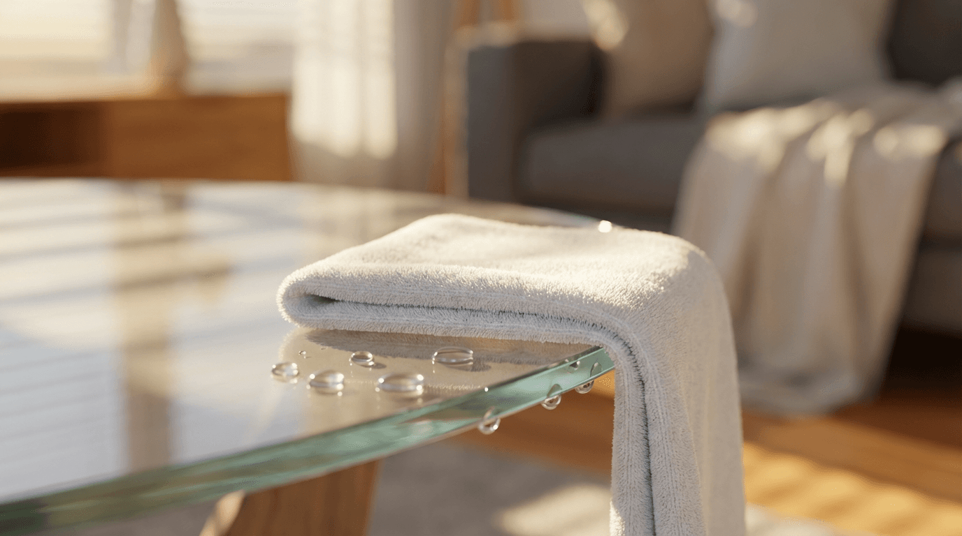 Close-up of white cleaning cloth on glass with water droplets in golden sunlight, blurred home background.